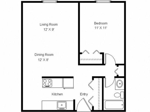 Floor plan for 1 bed, 1 bath, 625 sqft